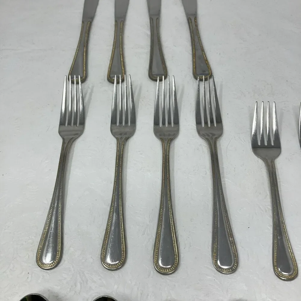 New Traditions Glossy Beaded Flatware Lot Of 15 Stainless w Gold Accents 18/10